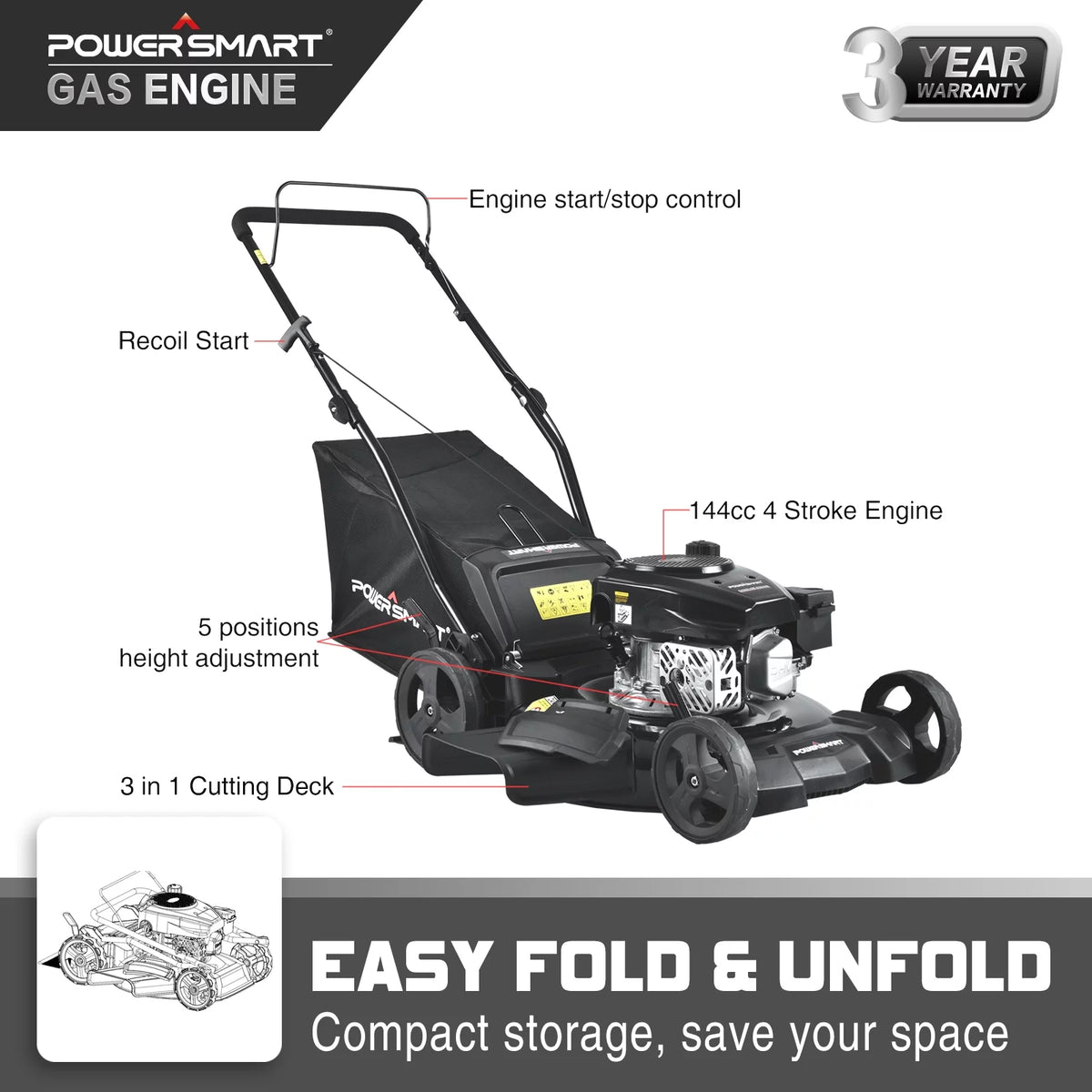 21-inch 3-in-1 Gas Powered Push Lawn Mower with 170cc Engine W72818