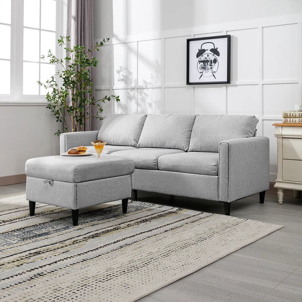 Small Sectional Sofa 3 Seater with Storage Ottoman Light Grey R61834