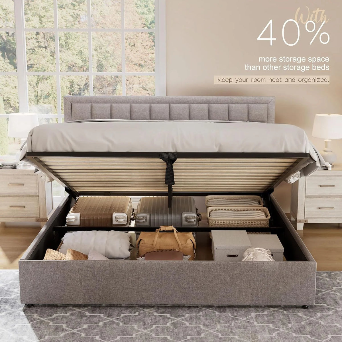 Queen Size Light Grey Upholstered Storage Bed Frame F581