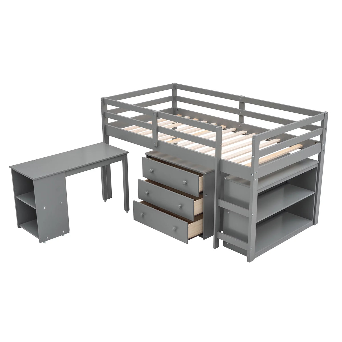 Twin Size Wood Loft Bed with Desk Storage Drawers and Bookcase P459