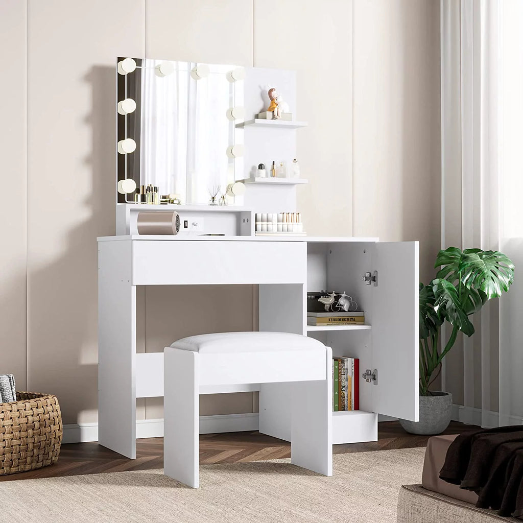 White Vanity Desk with Charging Station and Drawer G78434