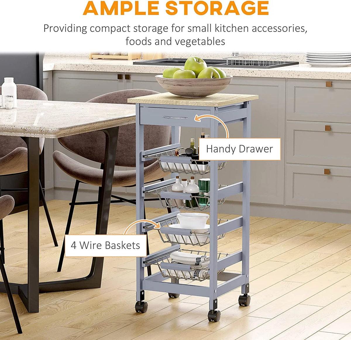 Gray Rolling Kitchen Cart with Storage M20628