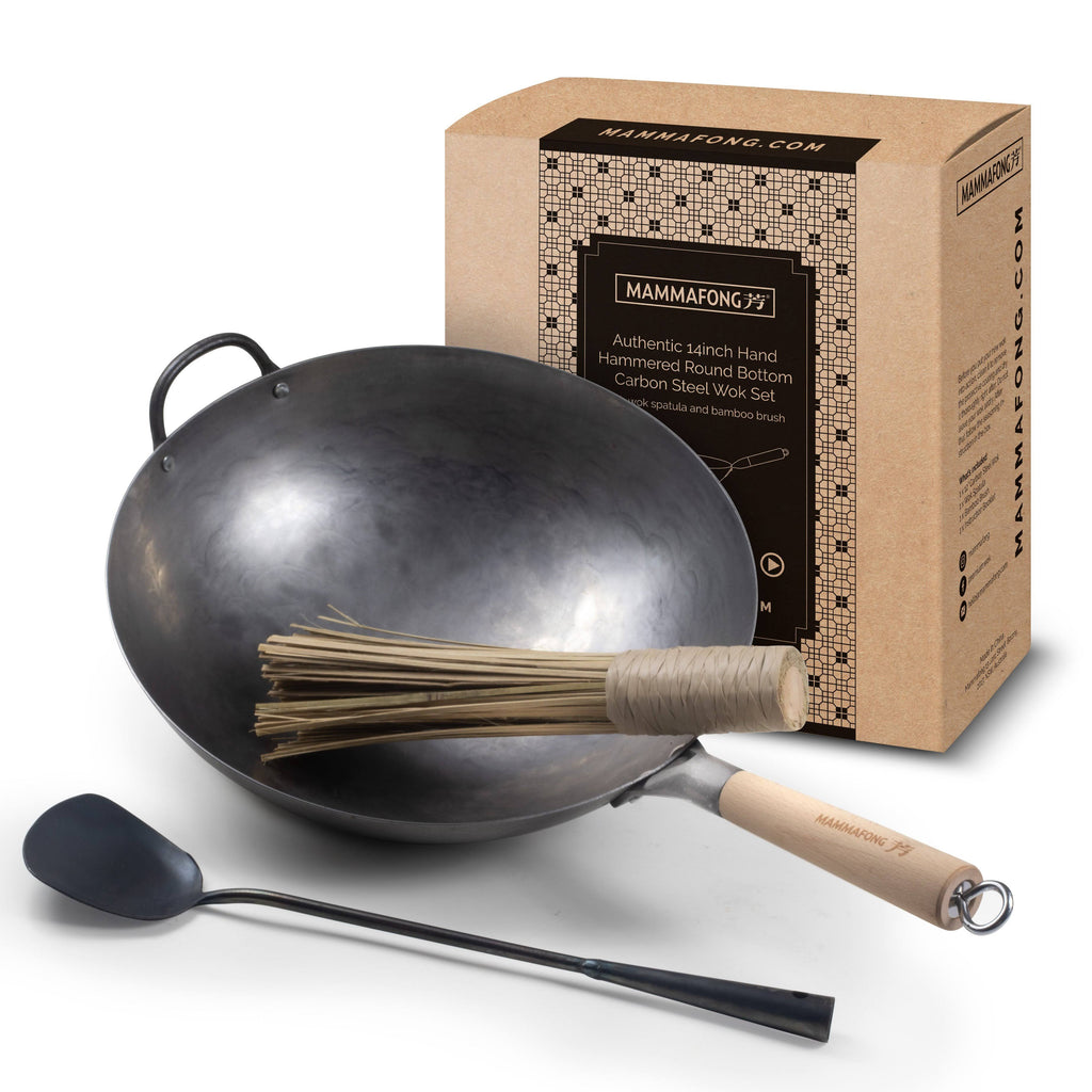 14 inch Hand Hammered Carbon Steel Wok Set with Spatula and Bamboo Brush O166
