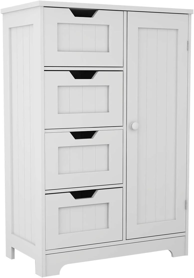 White Freestanding Bathroom Storage Cabinet with 4 Drawers and 1 Door M99793