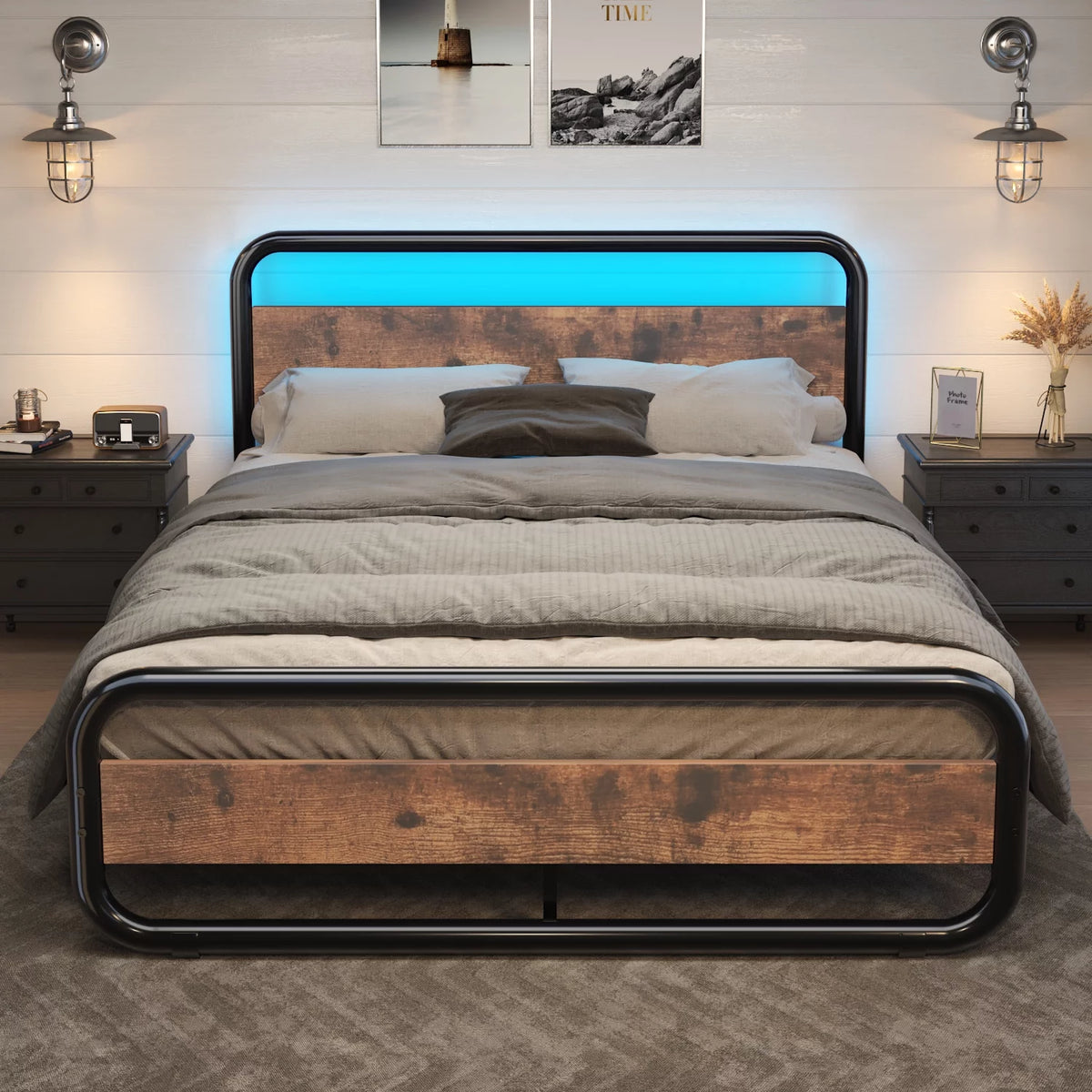 Queen Size Metal Platform Bed Frame with Wooden Headboard D8553