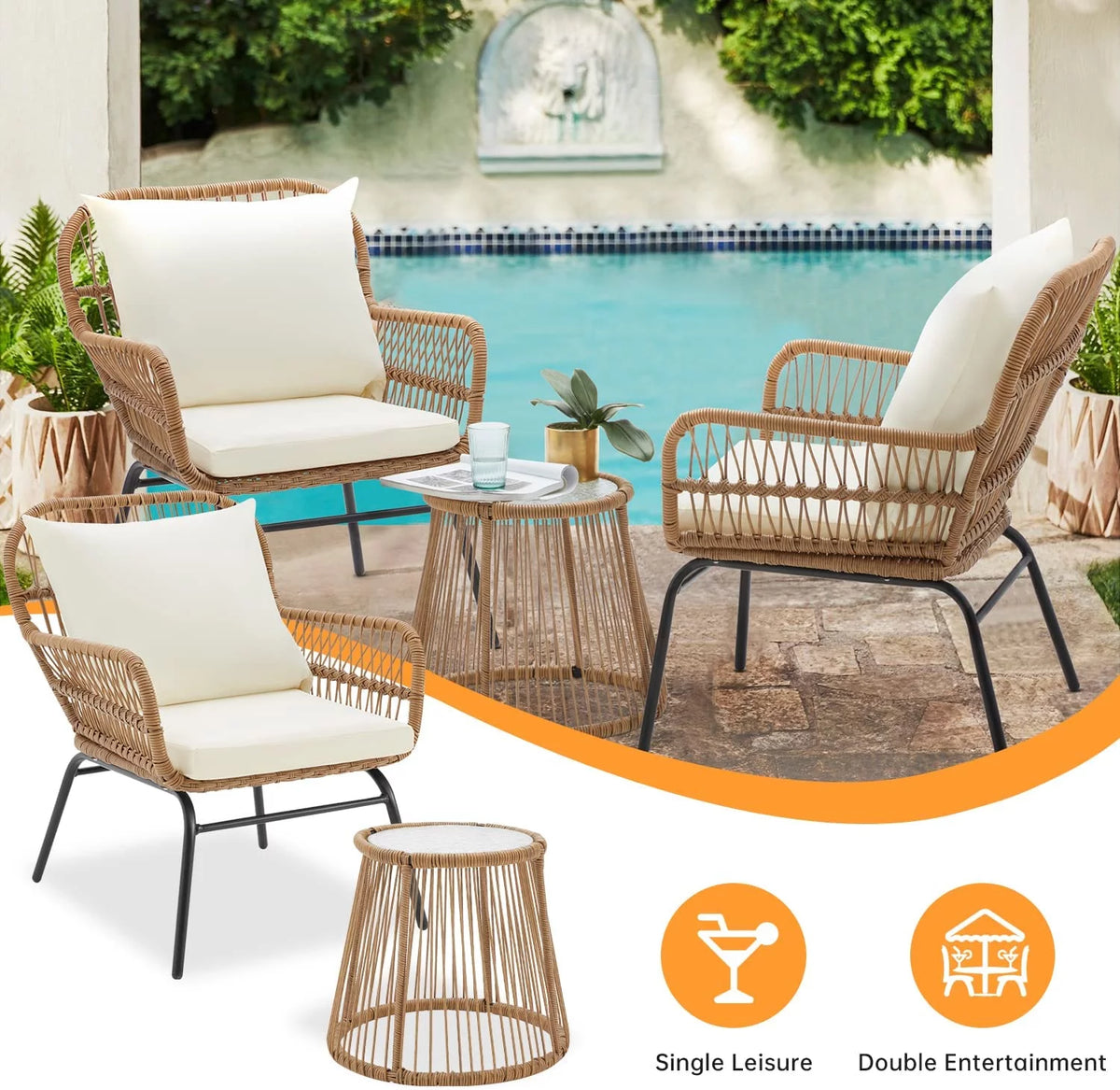 3 Pieces L-Shaped Wicker Sectional Set with Cushions and Glass Table J184