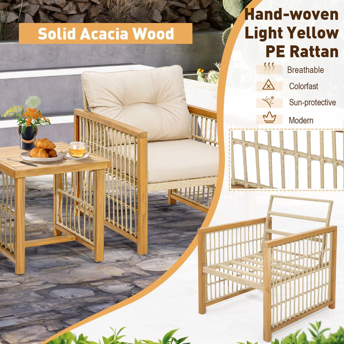 3 Pc PE Wicker Patio Conversation Set with Cushions H4350