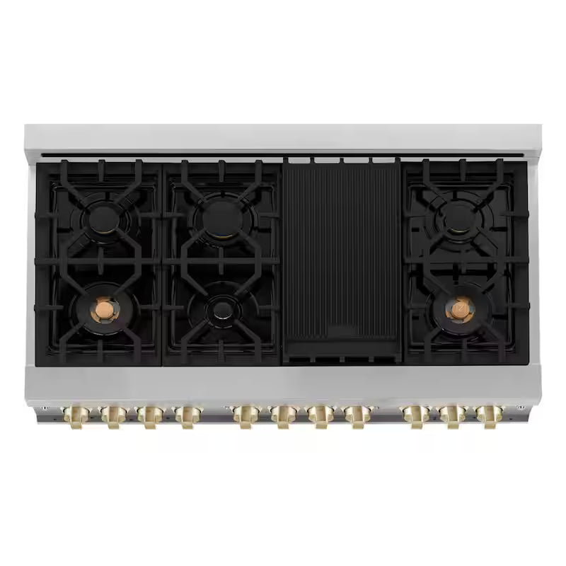 48 in. 7 Burner Double Oven Dual Fuel Range in Stainless Steel and Polished Gold B7606