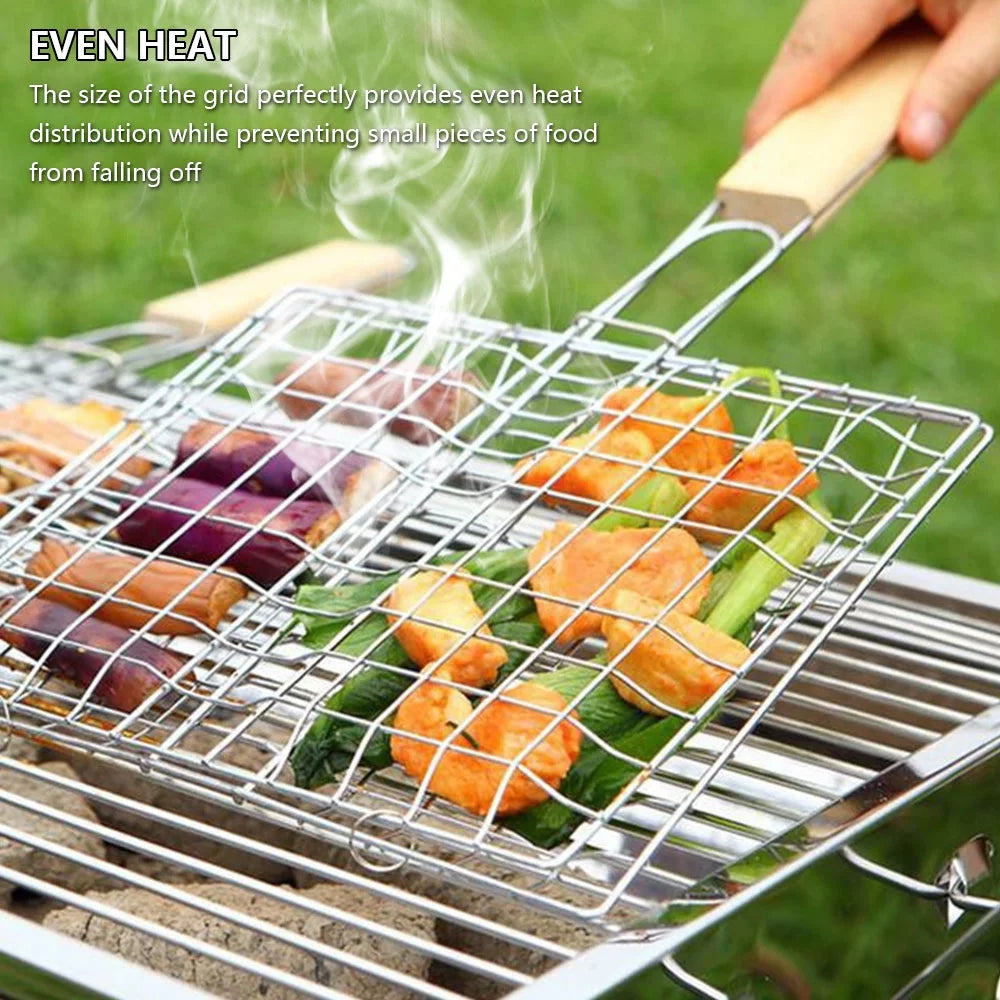 Stainless Steel Folding Barbecue Grilling Basket with Wooden Handle C406