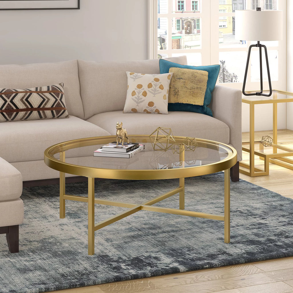 Round Metal Base Coffee Table in Brass and Gold E103193