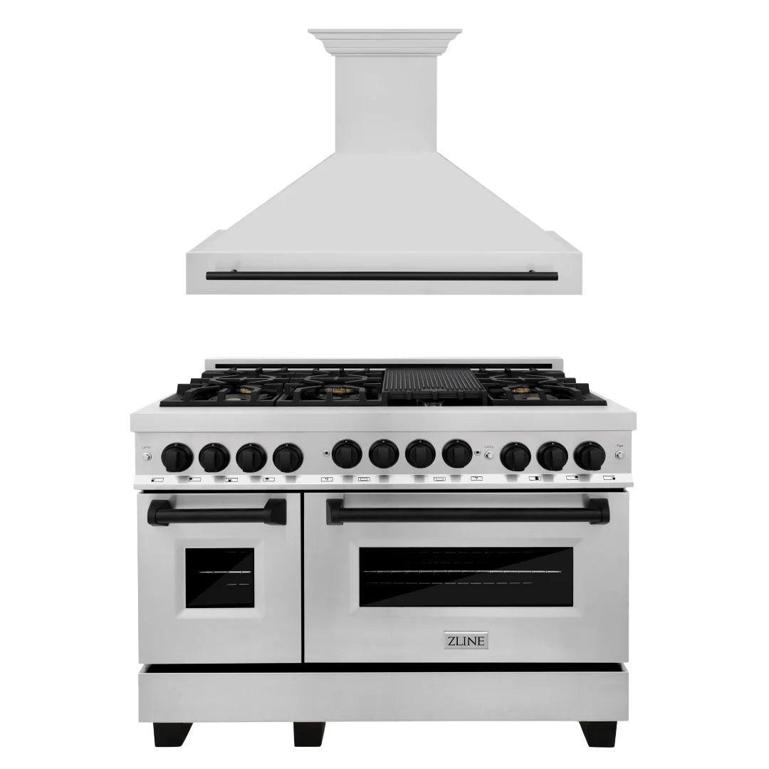 48 In. Gas Range and Range Hood in Stainless Steel with Matte Black Accents U9135