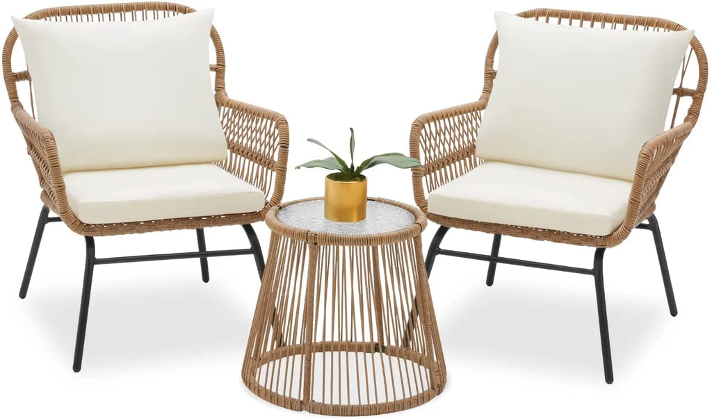 3 Pieces L-Shaped Wicker Sectional Set with Cushions and Glass Table J184