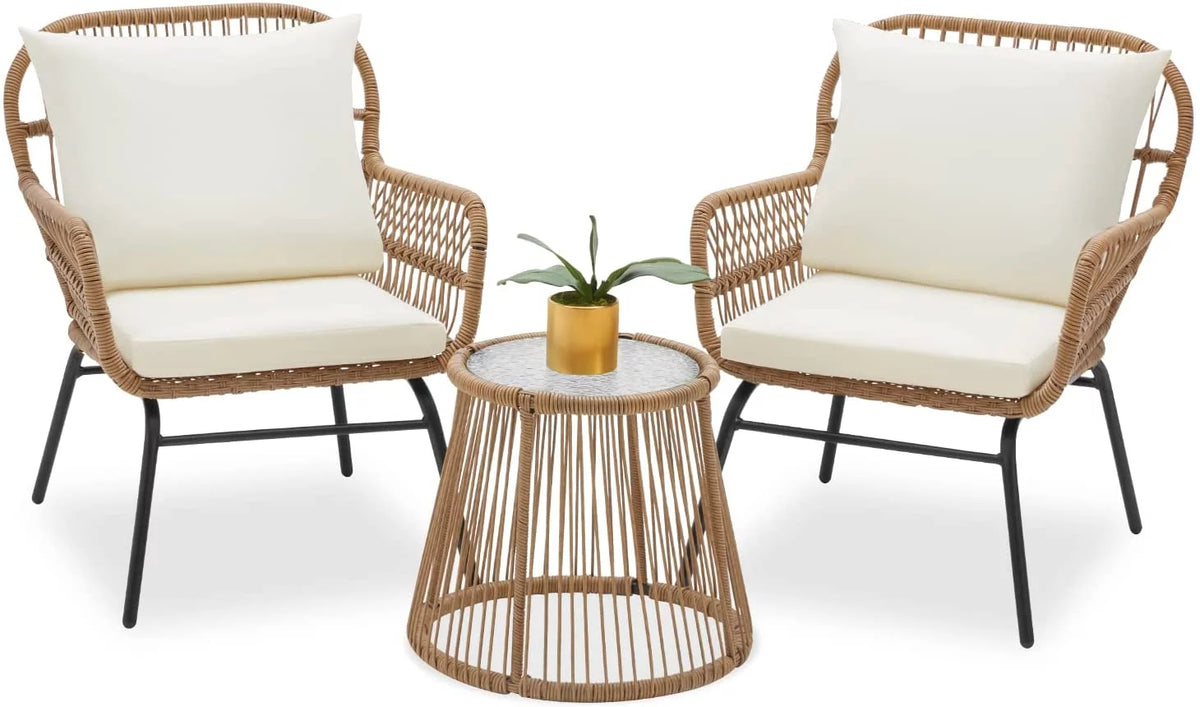 3 Pieces L-Shaped Wicker Sectional Set with Cushions and Glass Table J184