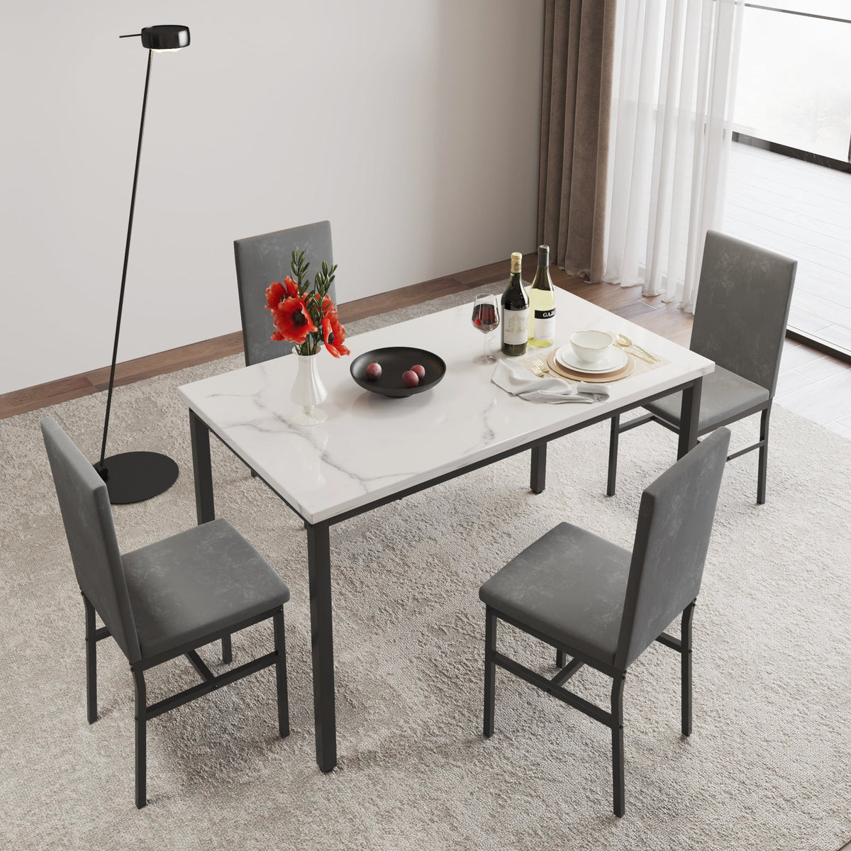 5-Piece White Marble Top Dining Table and 4 Gray Velvet Chairs G671819
