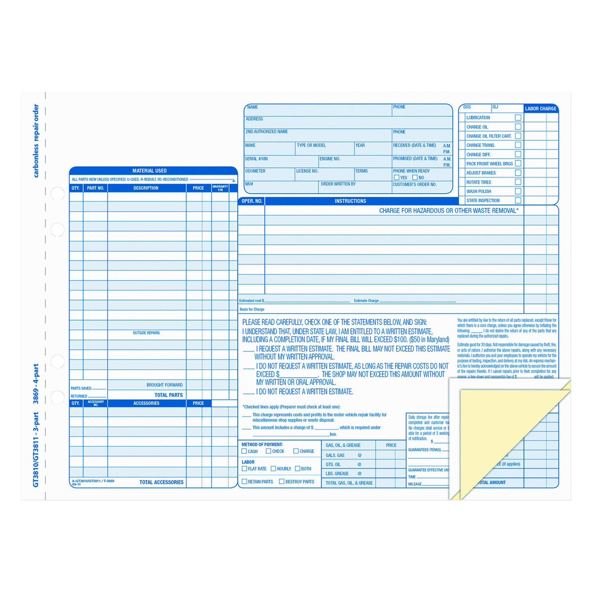 Auto Repair Four-Part Carbonless Order Form 8 1/2 x 11 50 Forms K88532