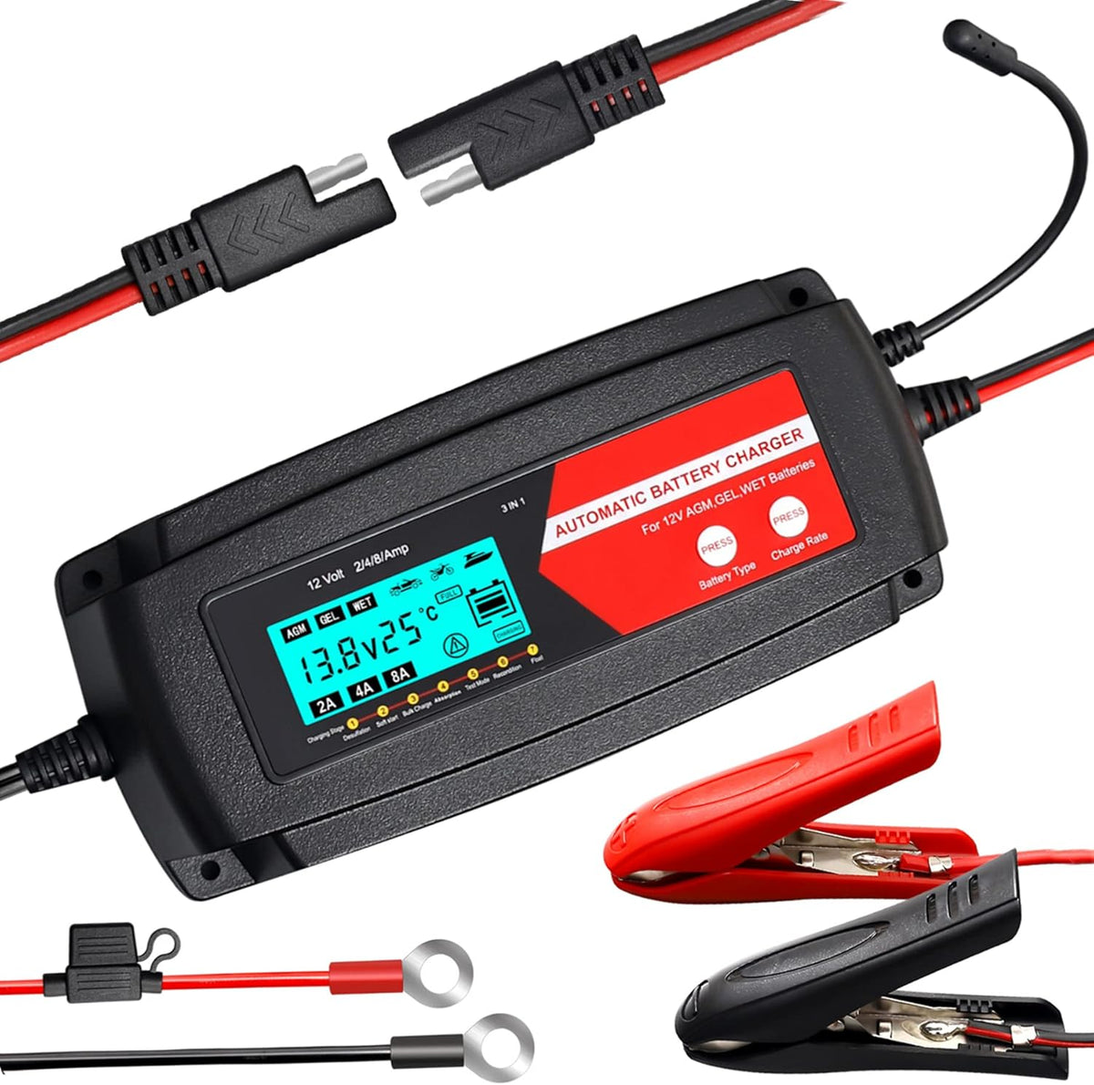 Fully Automatic 3 in 1 Car Battery Charger 12V 2/4/8 Amp with LCD Display J6280