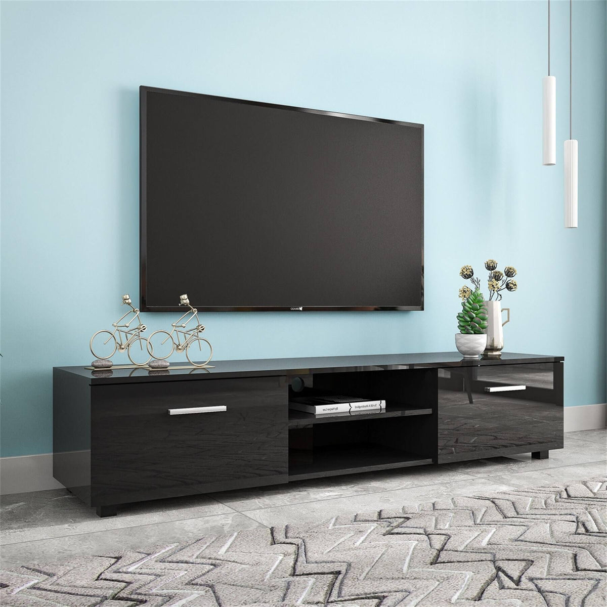 Black TV Stand with Storage Cabinet and Open Shelves T9121