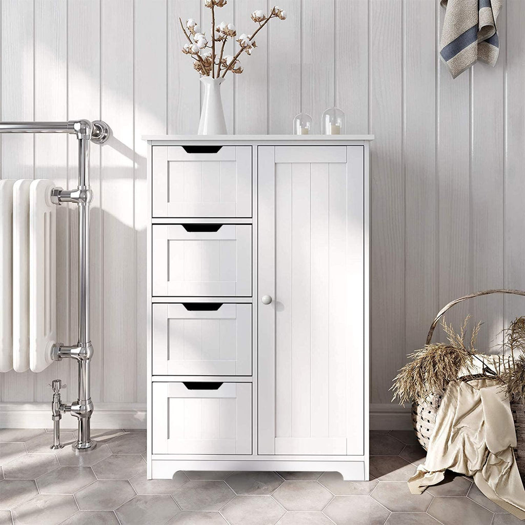 White Freestanding Bathroom Storage Cabinet with 4 Drawers and 1 Door M99793
