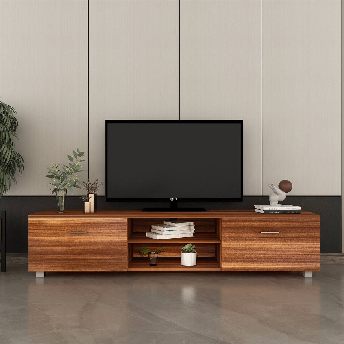 Black TV Stand with Storage Cabinet and Open Shelves T9121