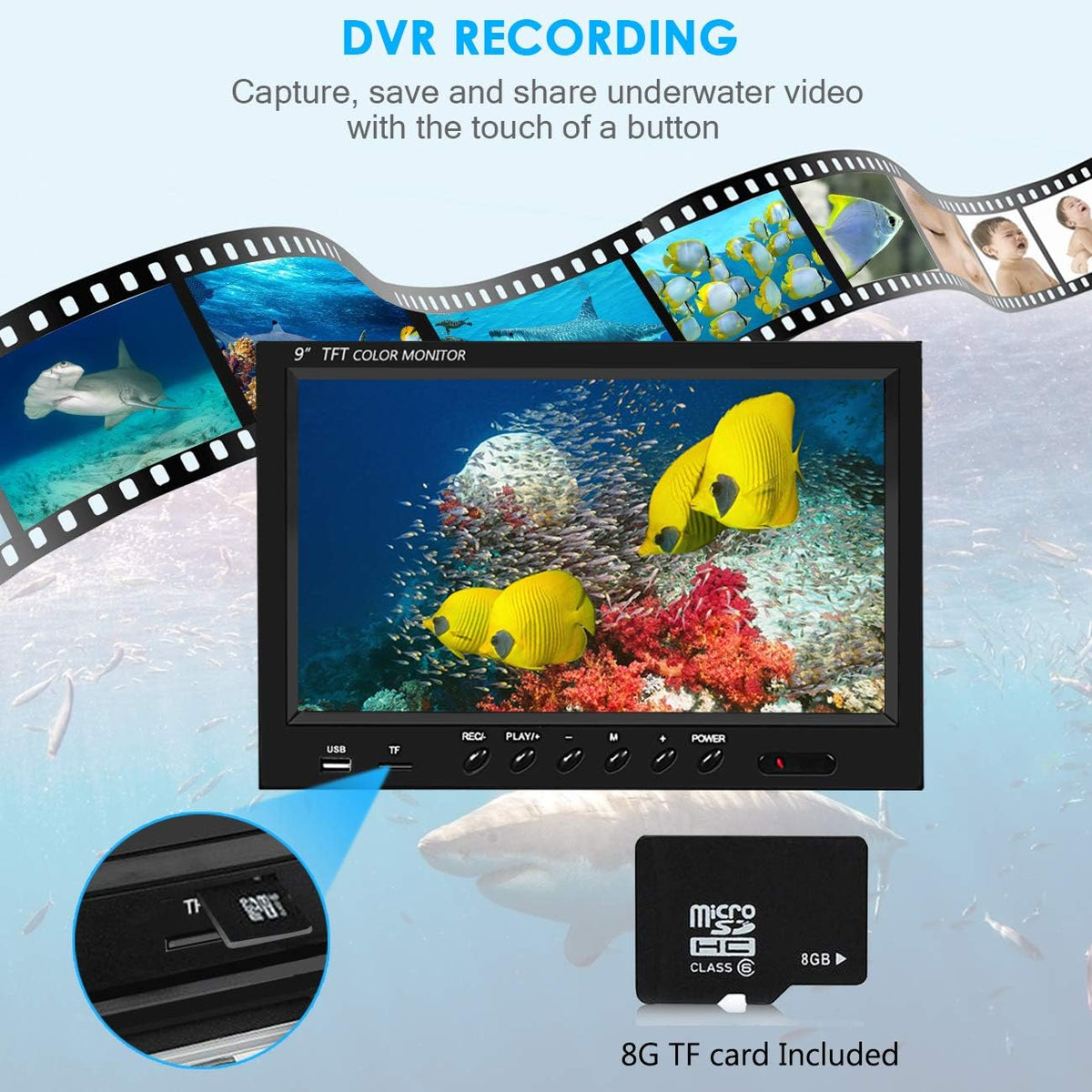 Underwater Fishing Camera with DVR 9 inch Color Monitor HD 1000TVL 30m Cable T8103