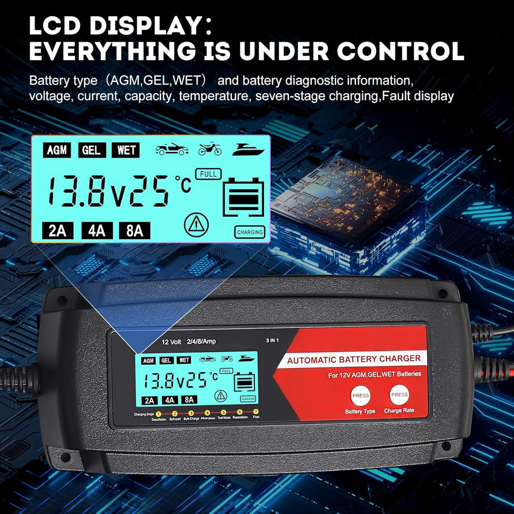 Fully Automatic 3 in 1 Car Battery Charger 12V 2/4/8 Amp with LCD Display J6280