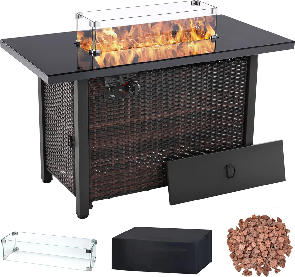 43 Inch 50,000 BTU Propane Gas Fire Pit Table with Glass Wind Guard C96532