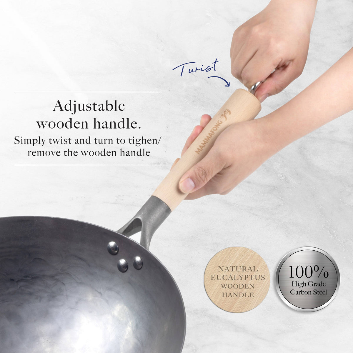 14 inch Hand Hammered Carbon Steel Wok Set with Spatula and Bamboo Brush O166