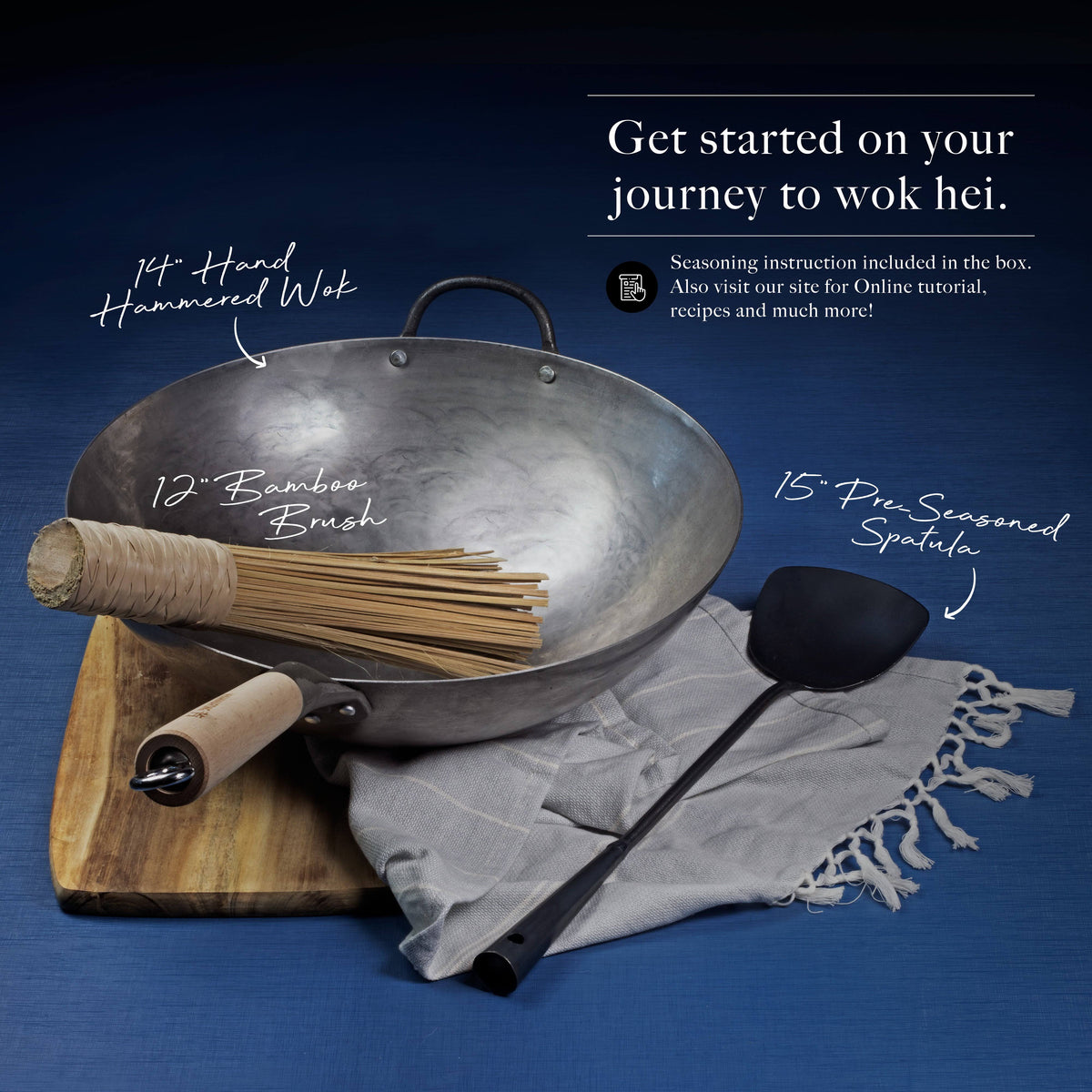 14 inch Hand Hammered Carbon Steel Wok Set with Spatula and Bamboo Brush O166