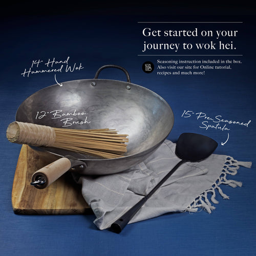 14 inch Hand Hammered Carbon Steel Wok Set with Spatula and Bamboo Brush O166