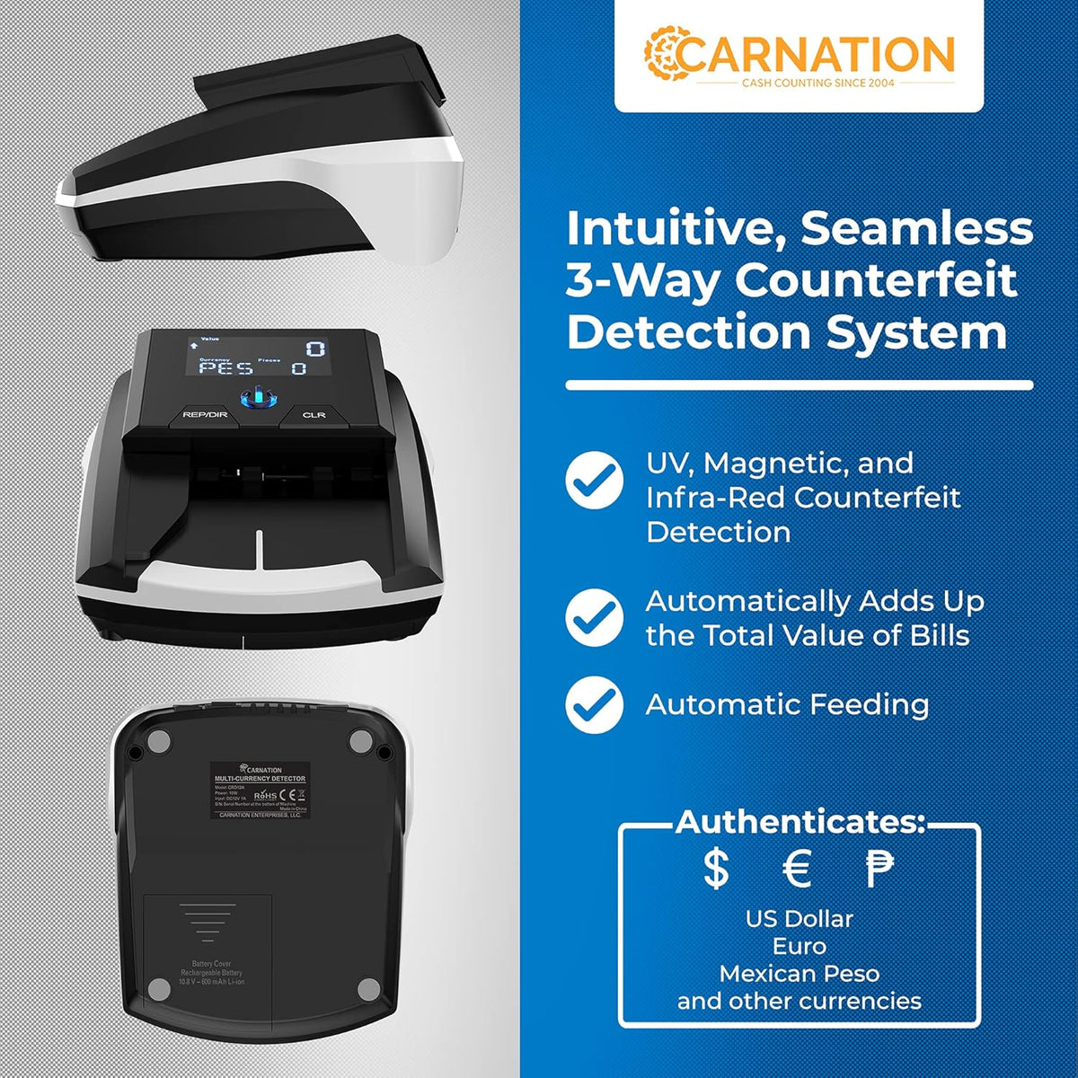 Automatic Counterfeit Bill Detector 3-Way Multi-Currency Checker K82756