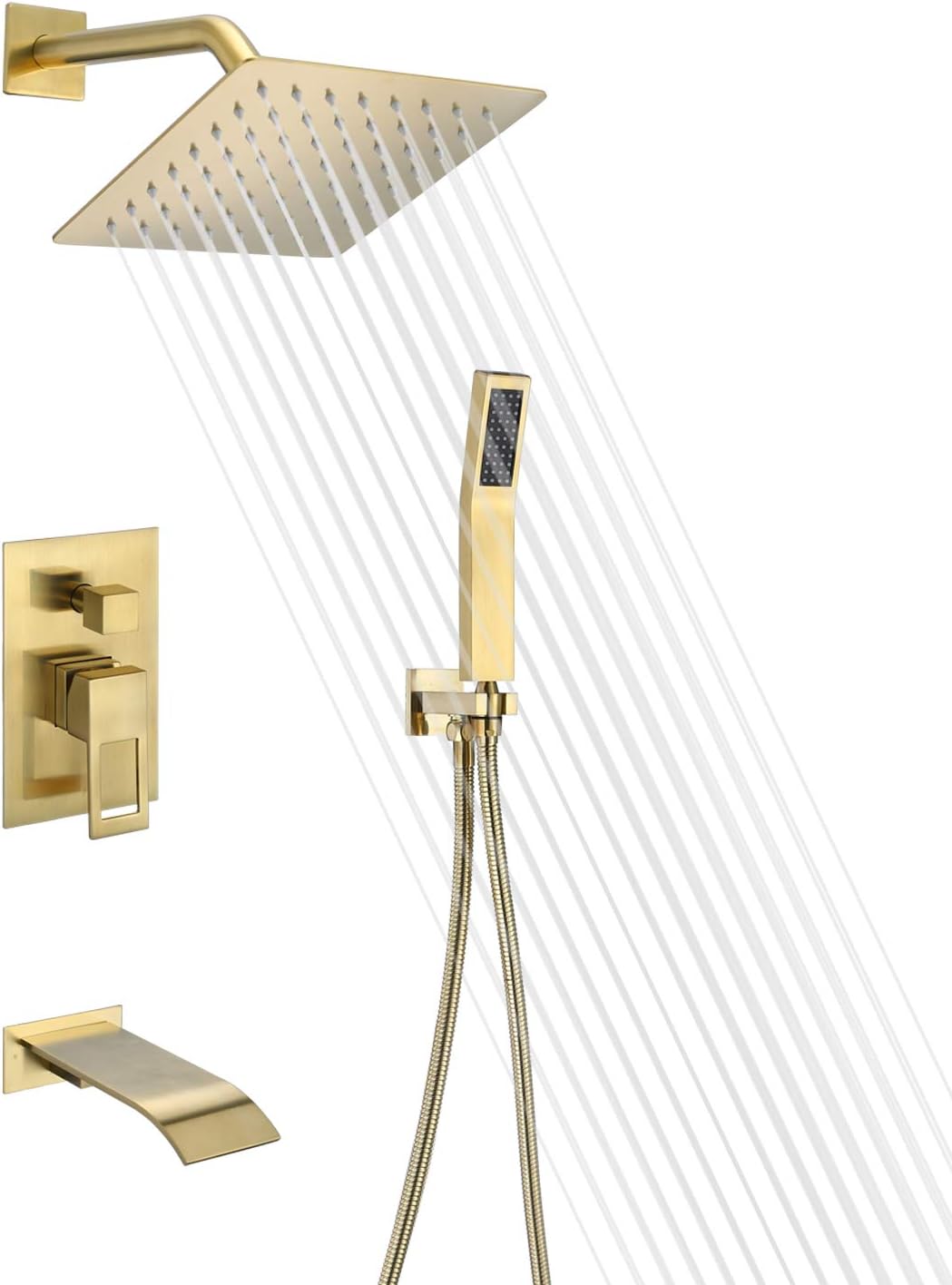 Matte Black Shower Faucet Set with Waterfall Tub Spout and Handheld Shower Head H160