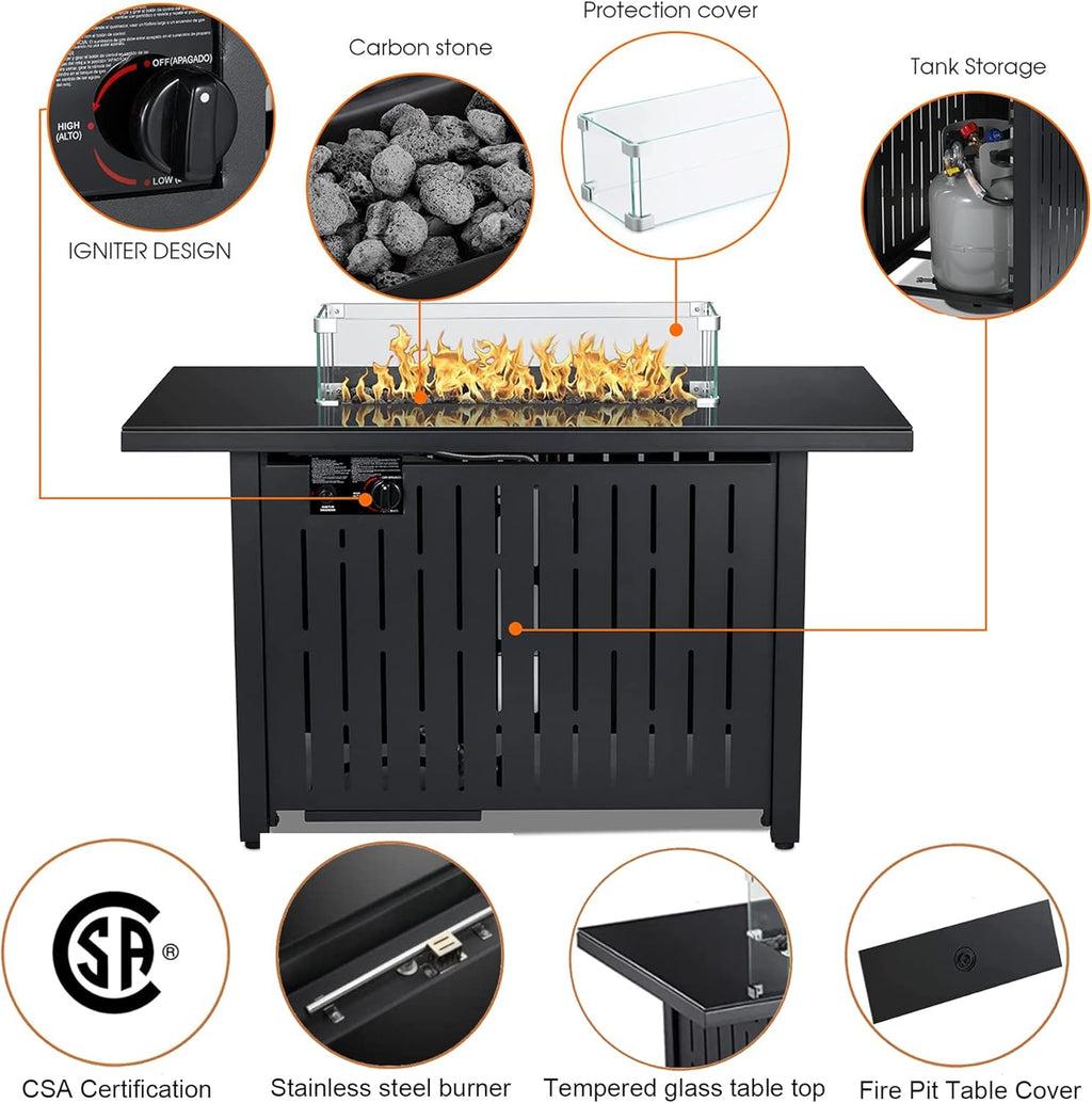 43 Inch 50,000 BTU Propane Gas Fire Pit Table with Glass Wind Guard C96532