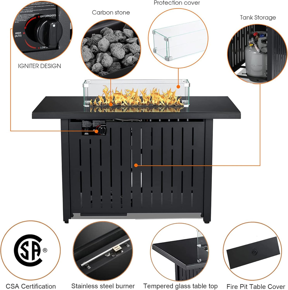 43 Inch 50,000 BTU Propane Gas Fire Pit Table with Glass Wind Guard C96532