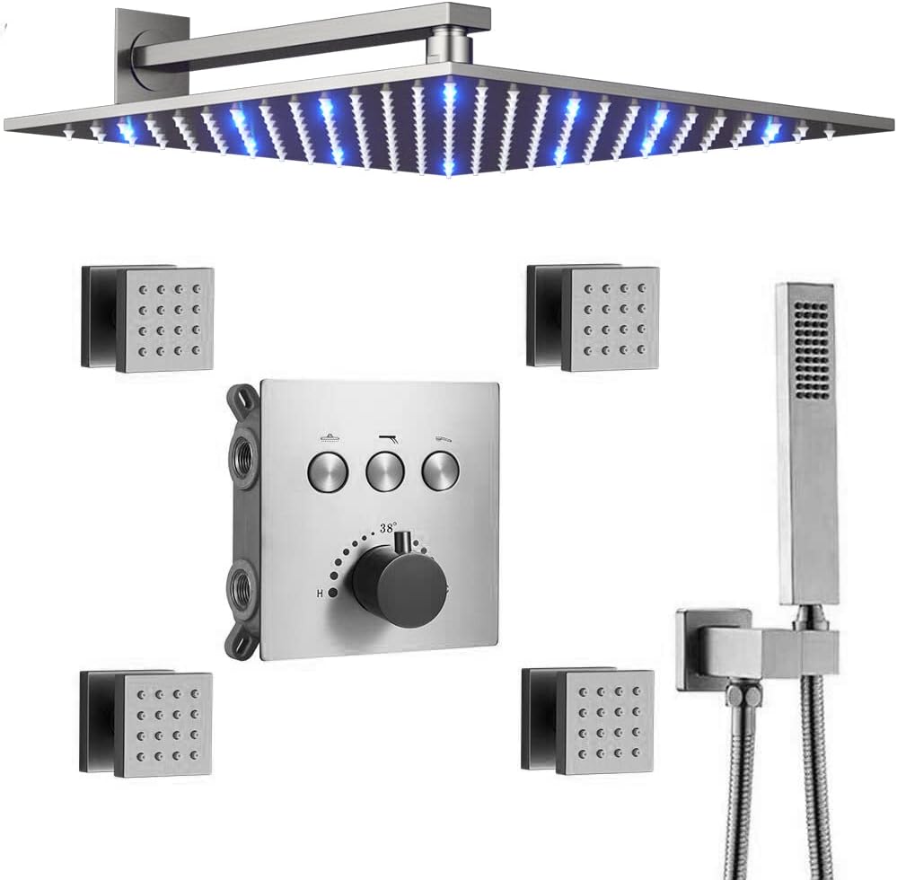 12 Inch Brushed Nickel Thermostatic Rain Shower Head Combo System G3061