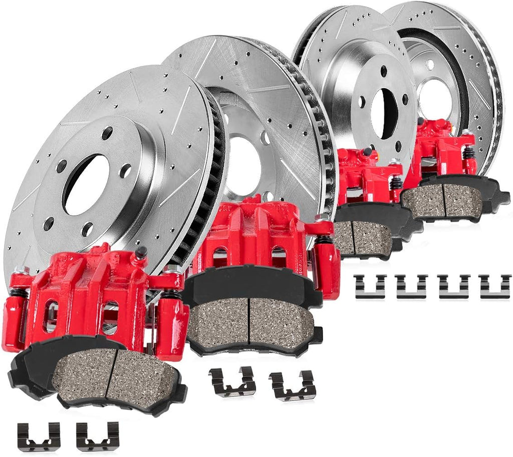 Red Calipers Drilled Slotted Rotors Ceramic Brake Pads Hardware Kit O457797