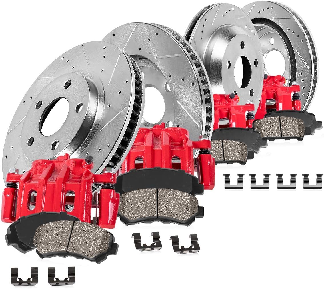 Red Calipers Drilled Slotted Rotors Ceramic Brake Pads Hardware Kit O457797