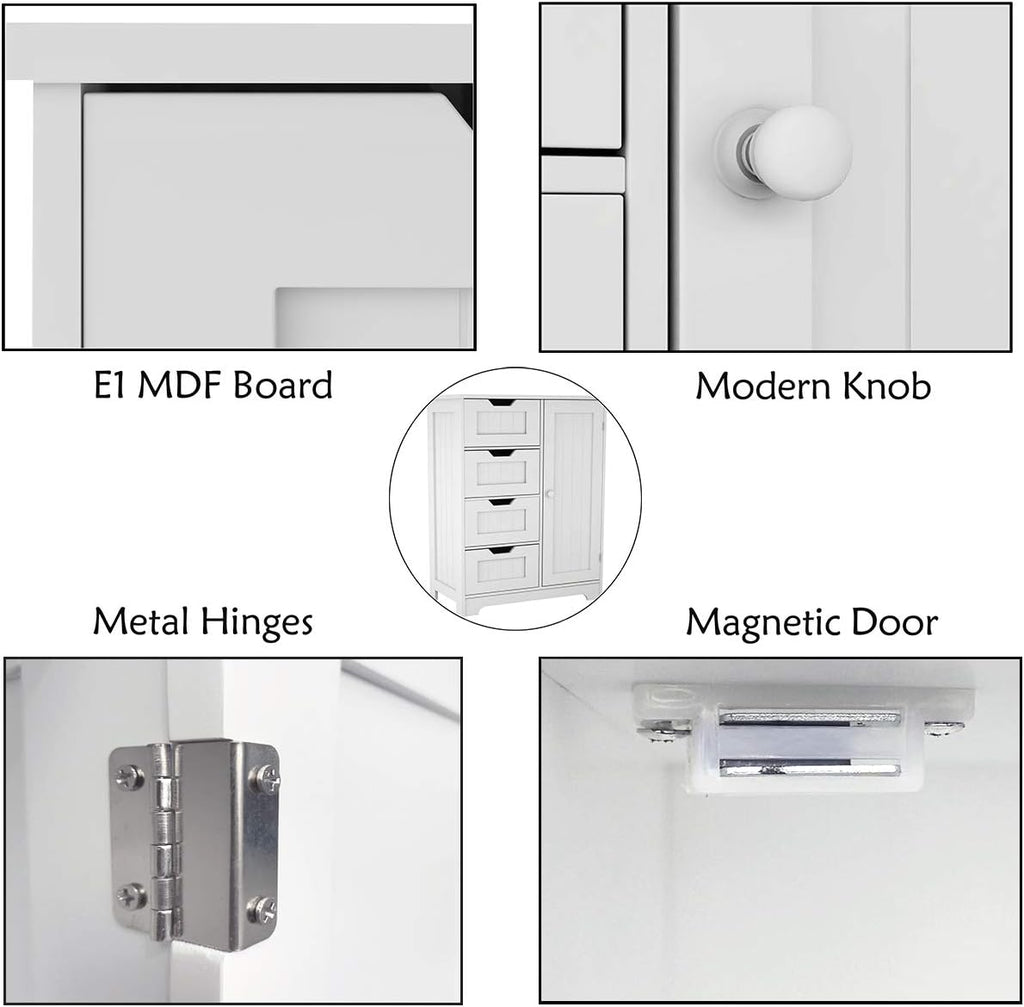 White Freestanding Bathroom Storage Cabinet with 4 Drawers and 1 Door M99793