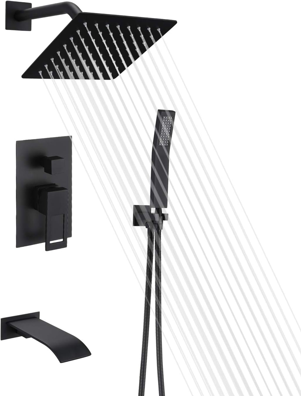 Matte Black Shower Faucet Set with Waterfall Tub Spout and Handheld Shower Head H160