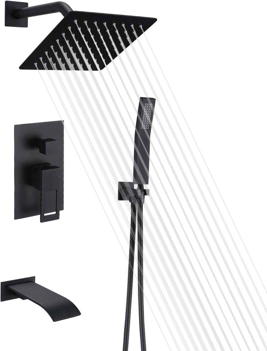 Matte Black Shower Faucet Set with Waterfall Tub Spout and Handheld Shower Head H160