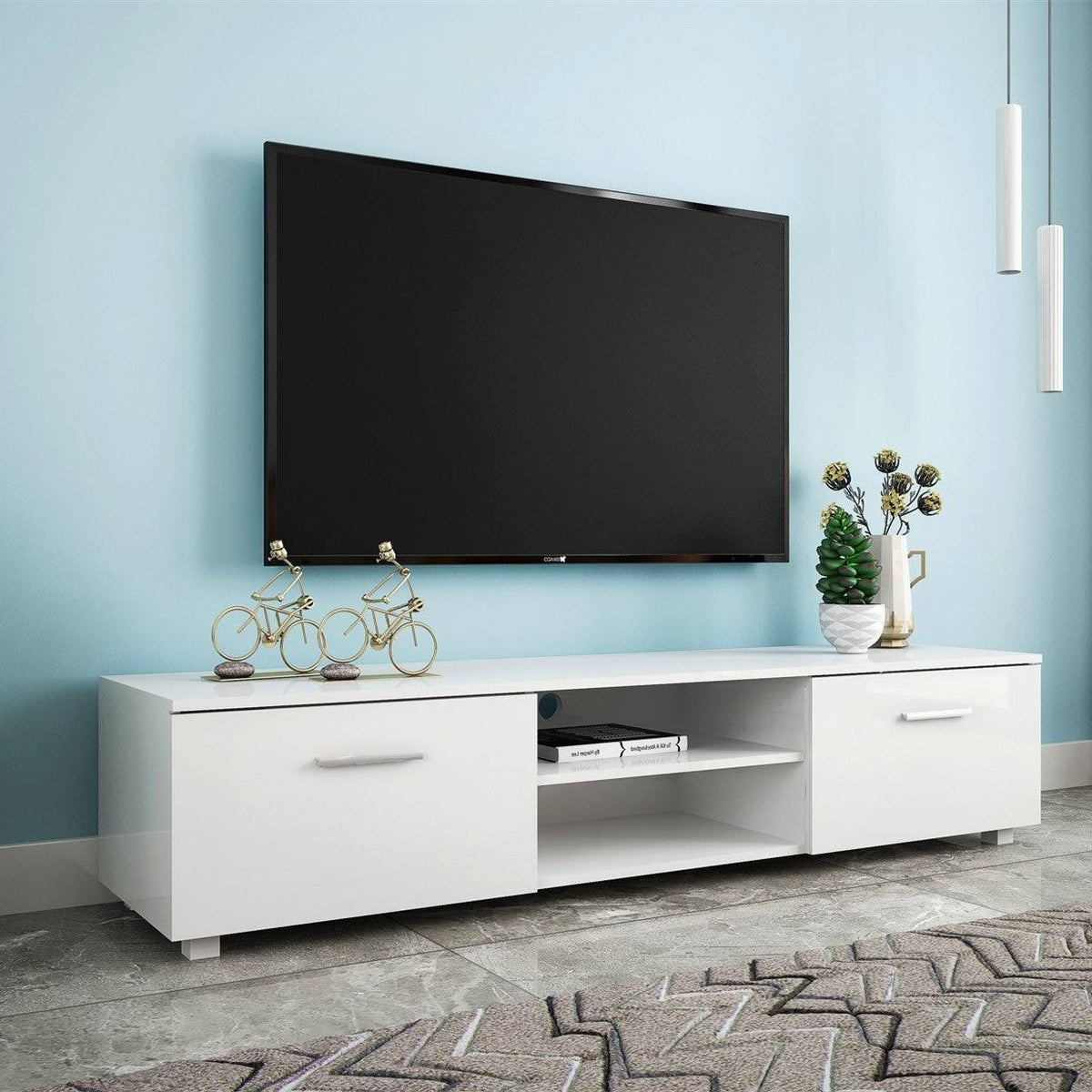 Black TV Stand with Storage Cabinet and Open Shelves T9121
