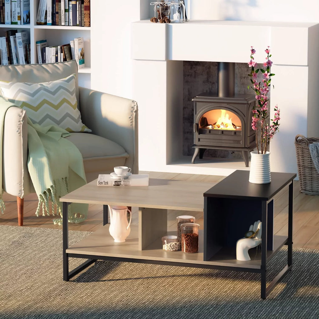Lift Top Coffee Table with 2-Level Tabletop, Industrial Wood Coffee Table with Metal, 31.5" N1156