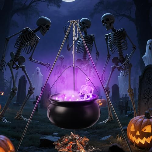 Large Witch Cauldron with Tripod Purple Lights Cotton 40CM Skull Candy Bucket M7986