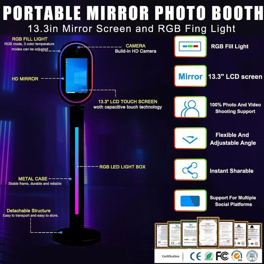 Black 13.3 In Portable Touch Mirror Photo Booth with Ring Light and Flight Case X447