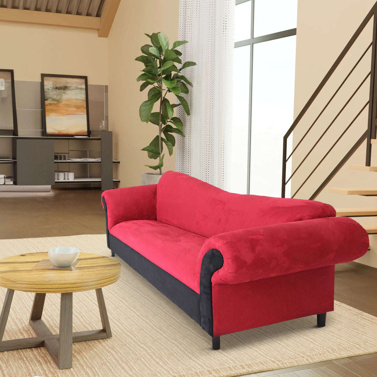 Red and Black Velvet Sofa with Solid Wood Frame B3973