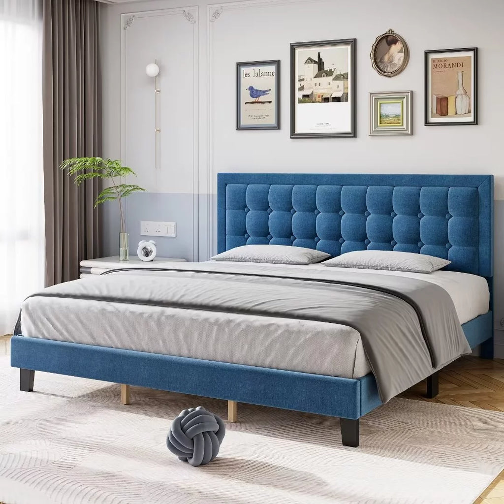 Full Size Blue Upholstered Platform Bed with Tufted Headboard A9523