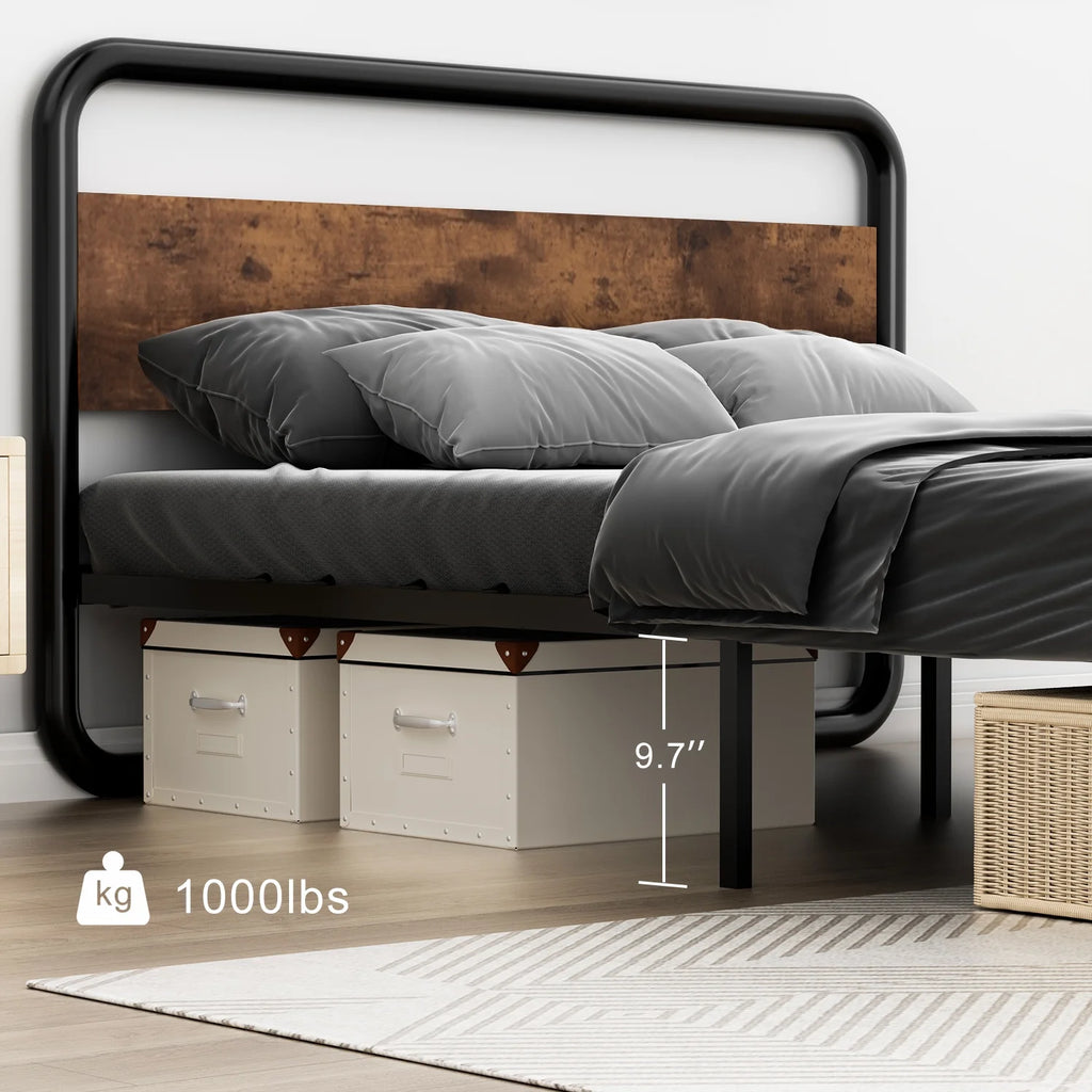Queen Size Metal Platform Bed Frame with Wooden Headboard D8553