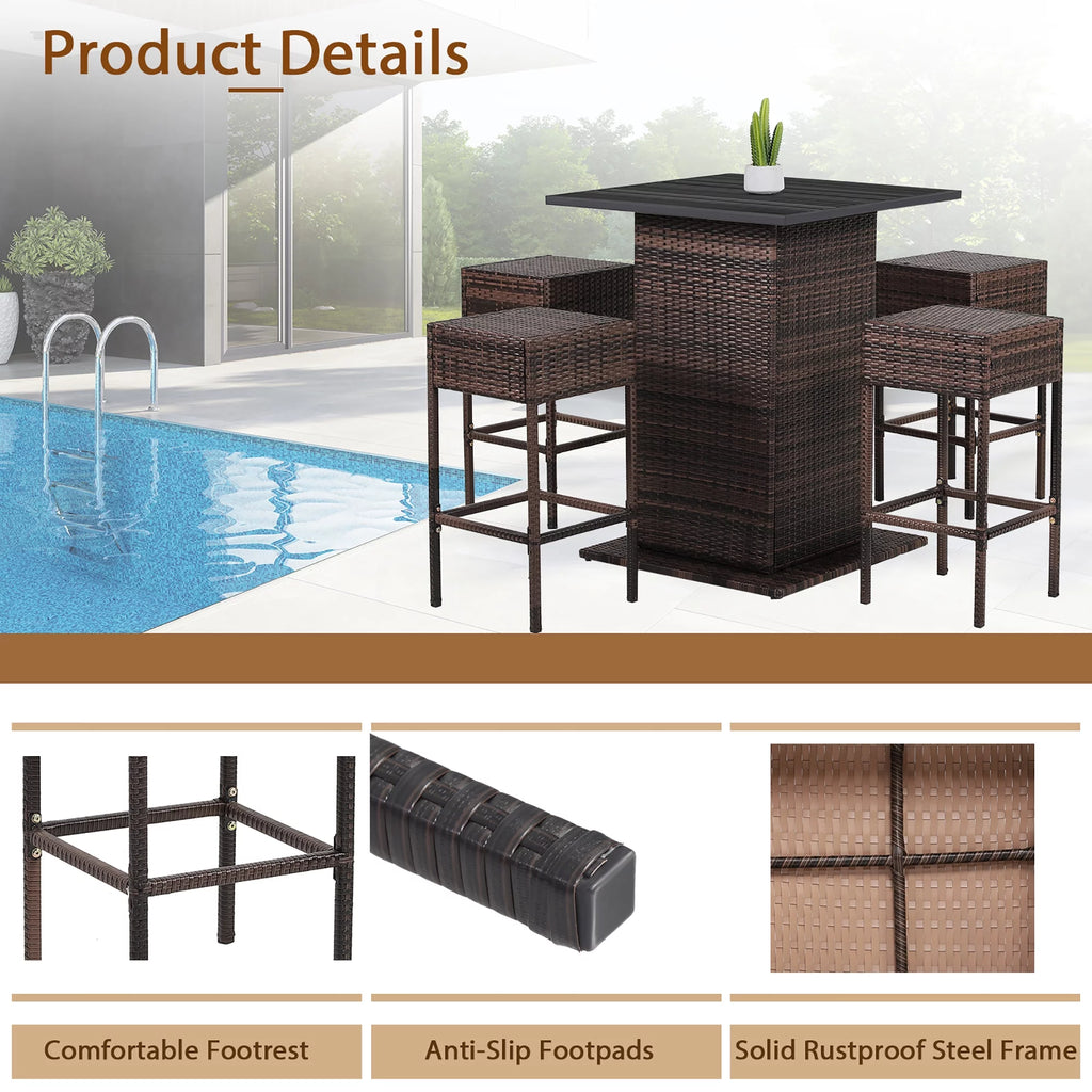 5 Pc Rattan Patio Bar Set with Table & 4 Cushioned Stools F24933