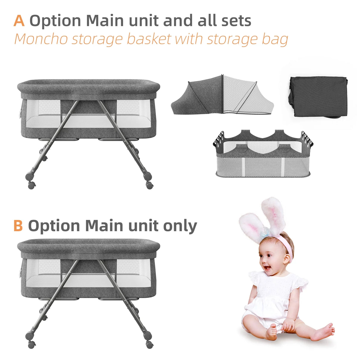 Portable Folding Rocking Bassinet with Storage Basket, Travel Bag, Gray V95946