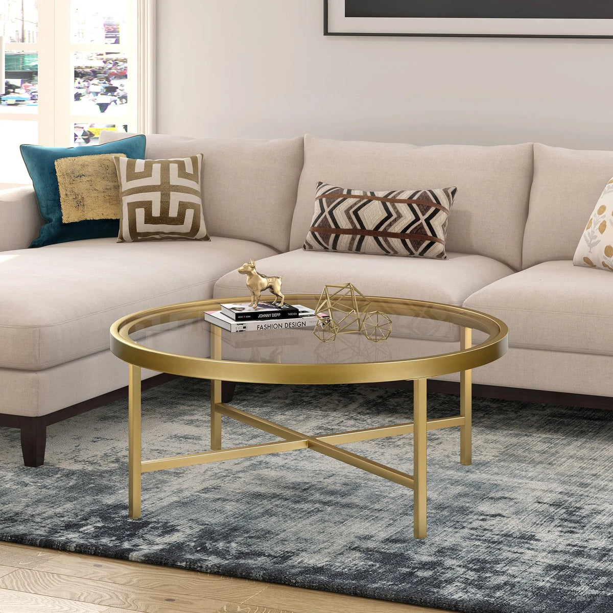 Round Metal Base Coffee Table in Brass and Gold E103193