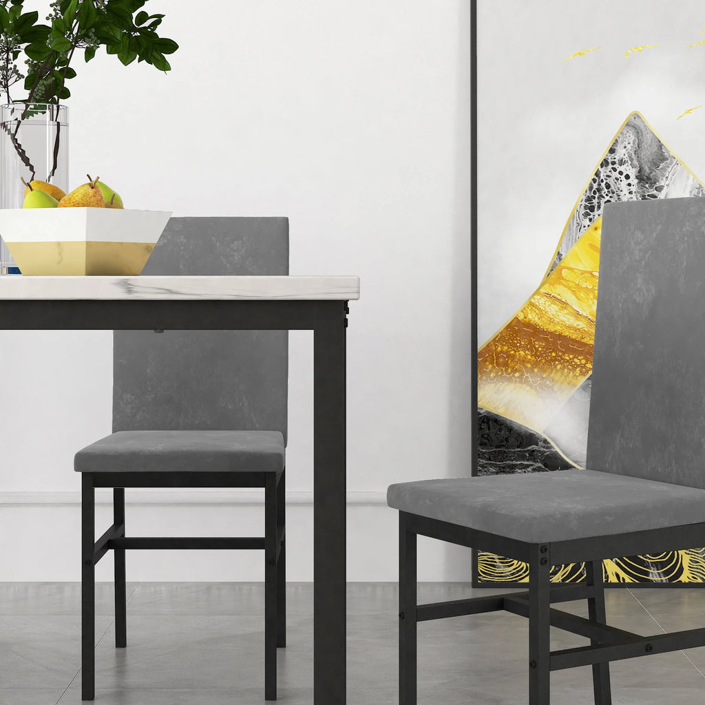 5-Piece White Marble Top Dining Table and 4 Gray Velvet Chairs G671819